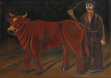  1916 Oil Painting - farmer with a bull 1916